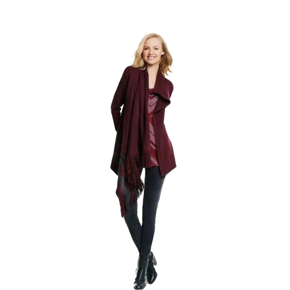 Cabi Port Fringe Wrap Cabincore Knit Fringe Striped Asym Sweater Cardigan Wine S